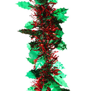 50m HOLLY Red Leaf with Red Green Tinsel 100mm wide