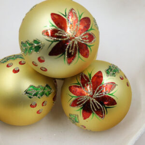 Gold with Flowers Christmas Baubles 80mm 4 pack Matt