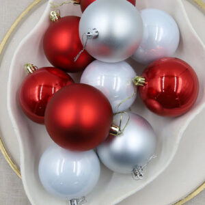 Silver / Red Christmas Baubles 60mm Pearl Matt 24 Pack