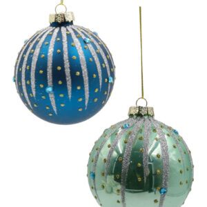 2 Glass Silver and Blue Baubles 10cm