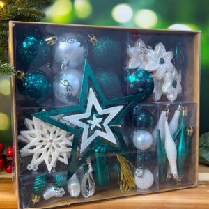 White & Teal Christmas Tree 45pc Bauble Pack