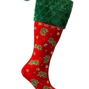 RED Velour Stocking w/Holly Beading 58CM