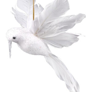 White Christmas Tree Hanging Bird with Feathered Tail 20cm