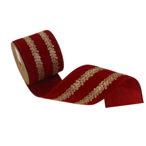 Red Velvet Ribbon with Champagne Embroidery Wire Edging