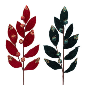 Red and Emerald Green Velour Leaf Stem 68cm set of two