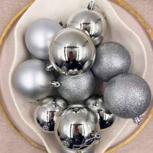 80mm Silver Christmas Baubles Gloss Glitter Matt Packs