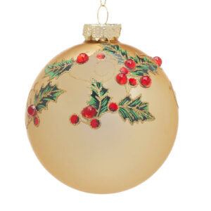 Gold Glass 80mm Bauble with Holly Decoration